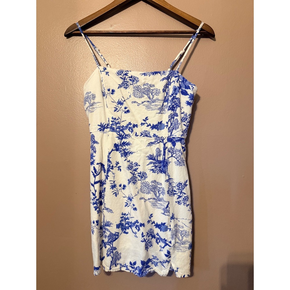En Creme Small Blue White Toile Floral Mini Dress Rayon Spaghetti Strap Summer